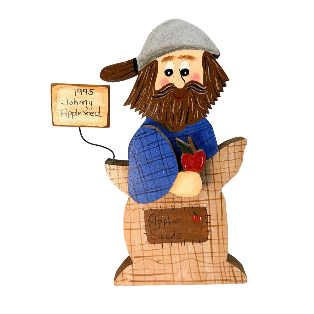 Vintage 1995 Johnny Appleseed Hand Painted Wood Folk Art Wall Decor‎ Signed 7"